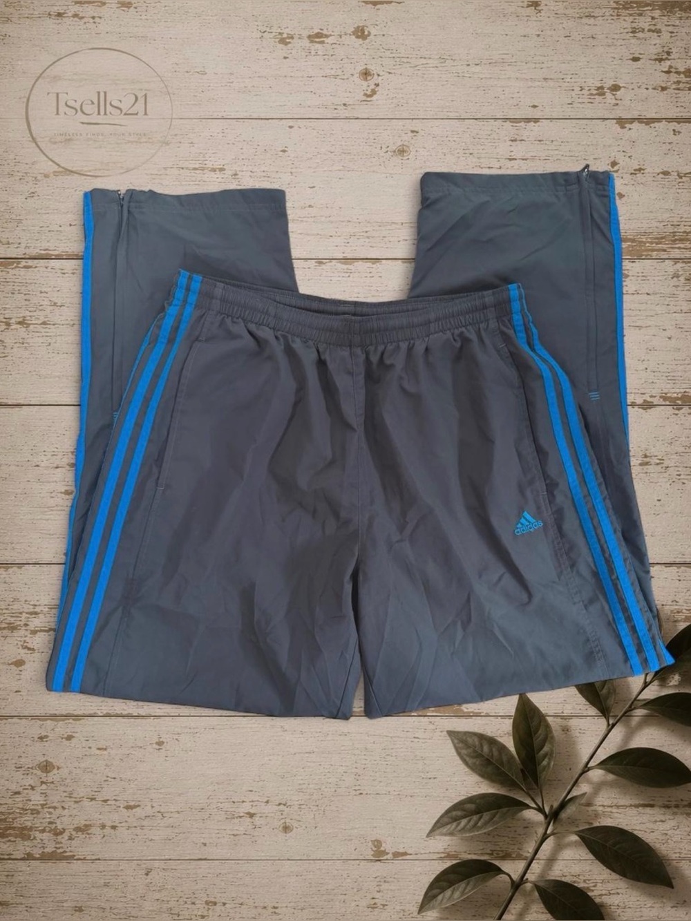 Adidas Vintage Y2K Men’s Grey Track Pants with Blue Stripes - Size M